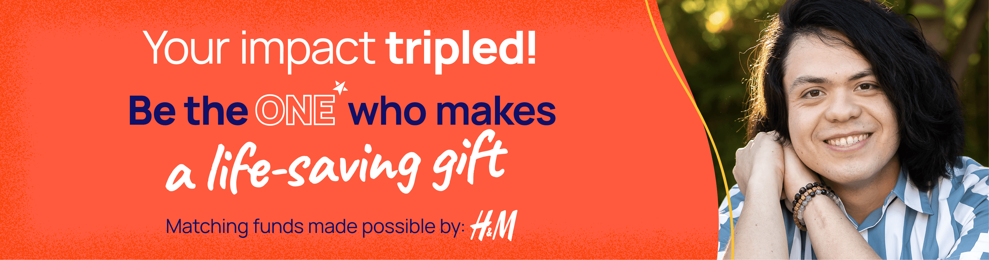 An LGBTQ+ young person in striped white and blue shirt in front of greenery and smiling. Be the one to protect and support LGBTQ+ young people.